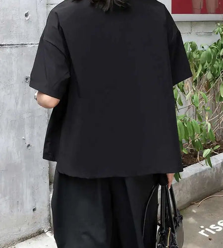 Women Black Topstitched Ribbon Big Size Blouse New Lapel Short Sleeve Shirt Fashion Tide Spring Summer 2025 1DJ0411