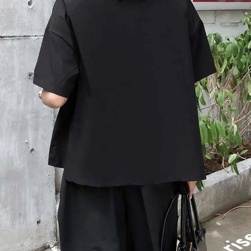 Load image into Gallery viewer, Women Black Topstitched Ribbon Big Size Blouse New Lapel Short Sleeve Shirt Fashion Tide Spring Summer 2025 1DJ0411
