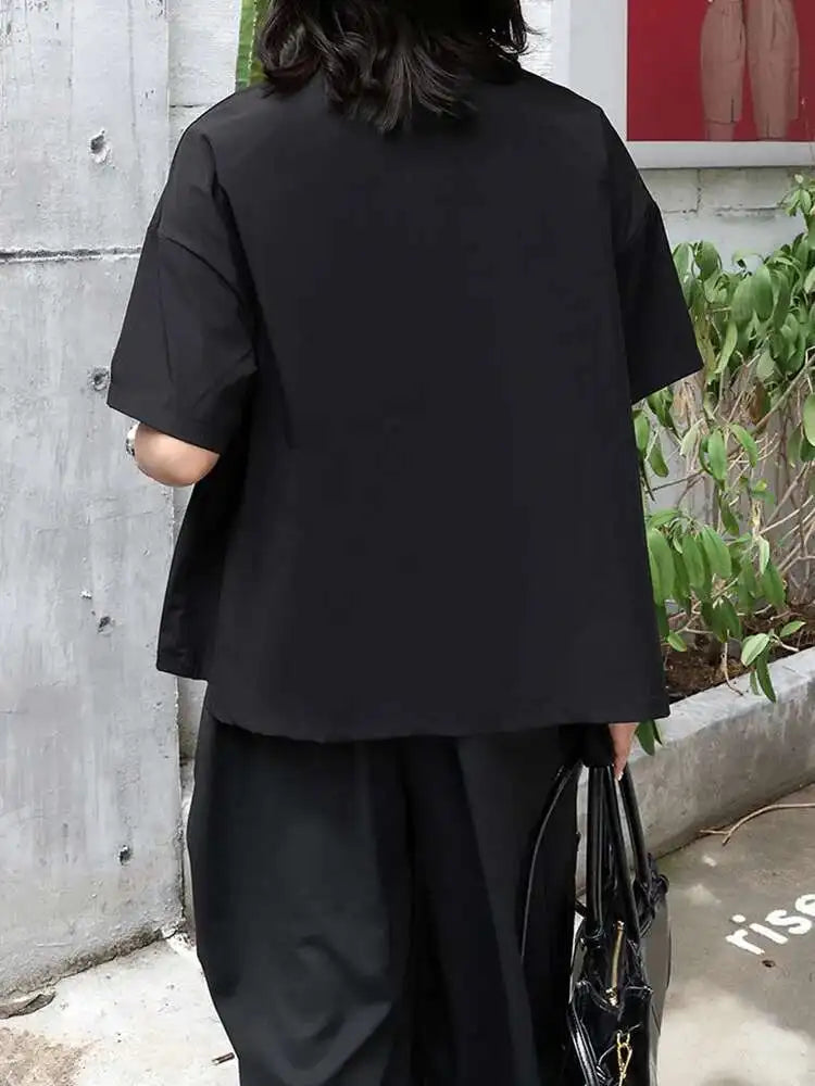 Women Black Topstitched Ribbon Big Size Blouse New Lapel Short Sleeve Shirt Fashion Tide Spring Summer 2025 1DJ0411