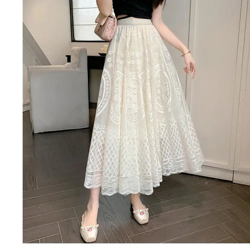 Load image into Gallery viewer, Spring Summer French Fashion Vintage Black White Lace Slim Holiday Long Skirt Women Beige High Waist Elegant Party Pleated Skirt
