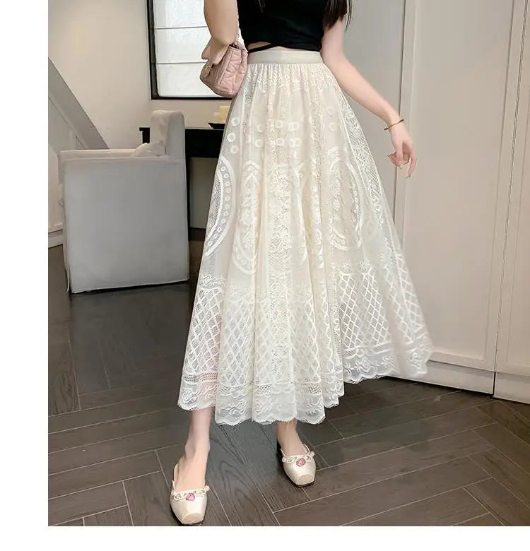 Spring Summer French Fashion Vintage Black White Lace Slim Holiday Long Skirt Women Beige High Waist Elegant Party Pleated Skirt