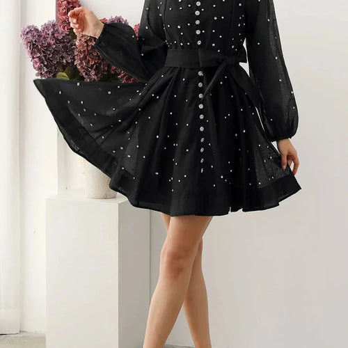 Load image into Gallery viewer, Solid Spliced Lace Up Loose Dresses For Women O Neck Long Sleeve High Waist Temperament Dress Female Clothes New
