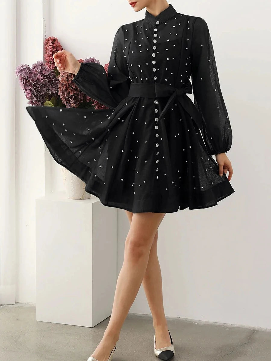 Solid Spliced Lace Up Loose Dresses For Women O Neck Long Sleeve High Waist Temperament Dress Female Clothes New