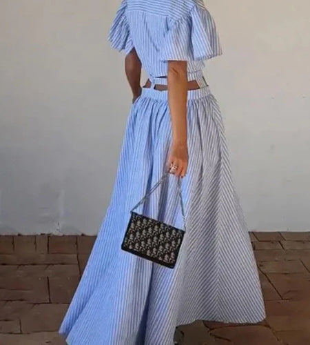 Hit Color Hollow Out Spliced Striped Fashion Dresses for Women Lapel Short Sleeves Patchwork Button Dress Female