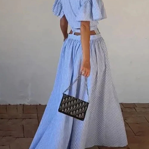 Load image into Gallery viewer, Hit Color Hollow Out Spliced Striped Fashion Dresses for Women Lapel Short Sleeves Patchwork Button Dress Female
