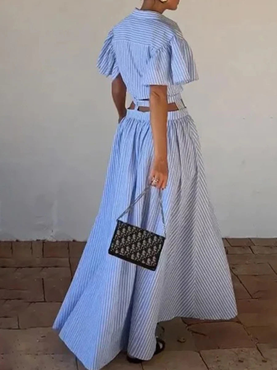 Hit Color Hollow Out Spliced Striped Fashion Dresses for Women Lapel Short Sleeves Patchwork Button Dress Female