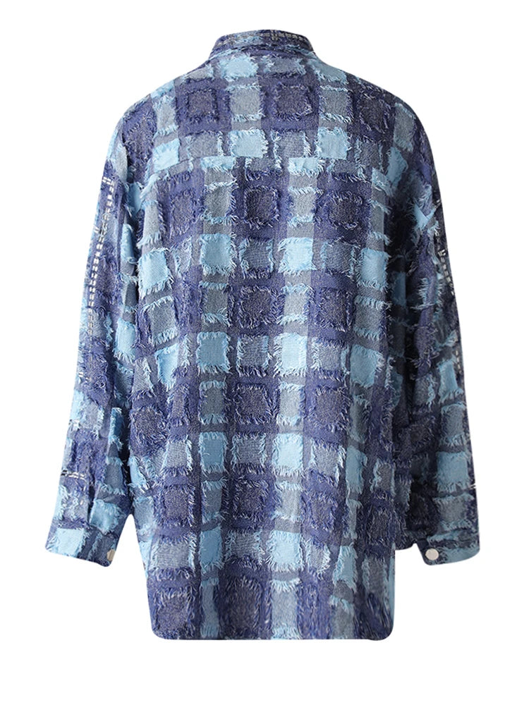 Women Blue Plaid Rhinestones Burr Big Size Blouse New Lapel Long Sleeve Shirt Fashion Tide Spring Autumn 2025 29L6766