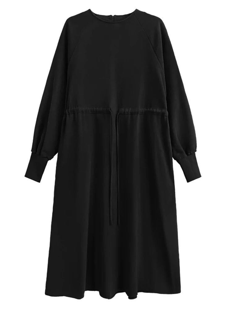 Women Army Green Big Size A-line Long Dress New Round Neck Long Sleeve Loose Fashion Tide Spring Autumn 2025 1DH3874