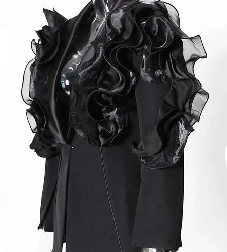 Women Black Ruffles Shaped Elegant Slim Blazer New Lapel Long Sleeve Jacket Fashion Tide Spring Autumn 2025 7AB8042