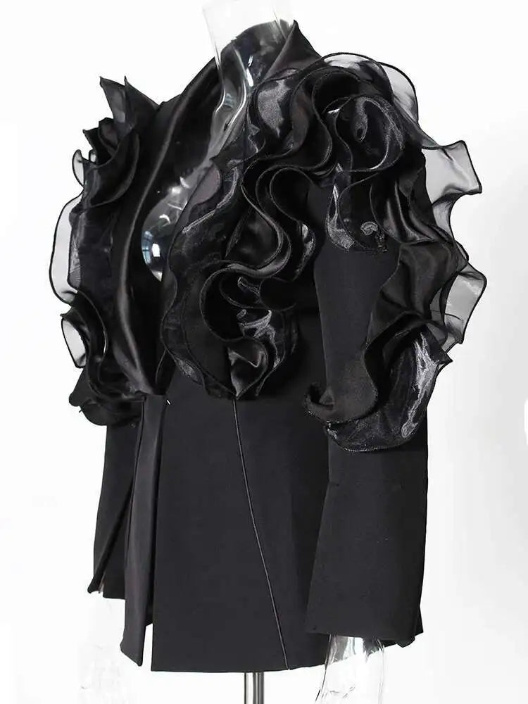 Women Black Ruffles Shaped Elegant Slim Blazer New Lapel Long Sleeve Jacket Fashion Tide Spring Autumn 2025 7AB8042