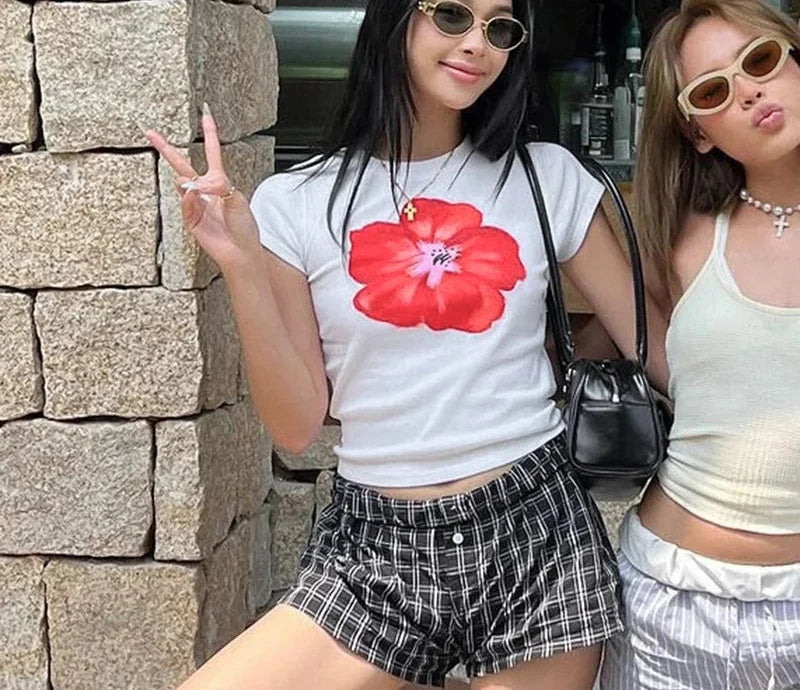 Floral Print White Graphic Tees Casual Y2k Going Out Crop Tops Woman 2024 Summer Fashion T Shirt P85-AE10