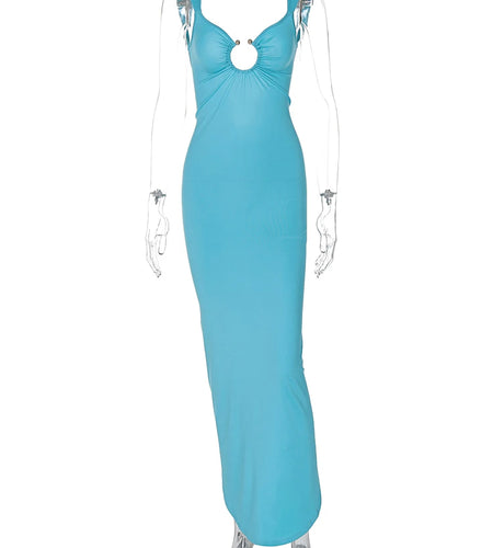 Elegant Solid Straps Sleeveless Backless Metal Loop Draped Slit Maxi Dress Summer Women Clothes Evening Party Vacation