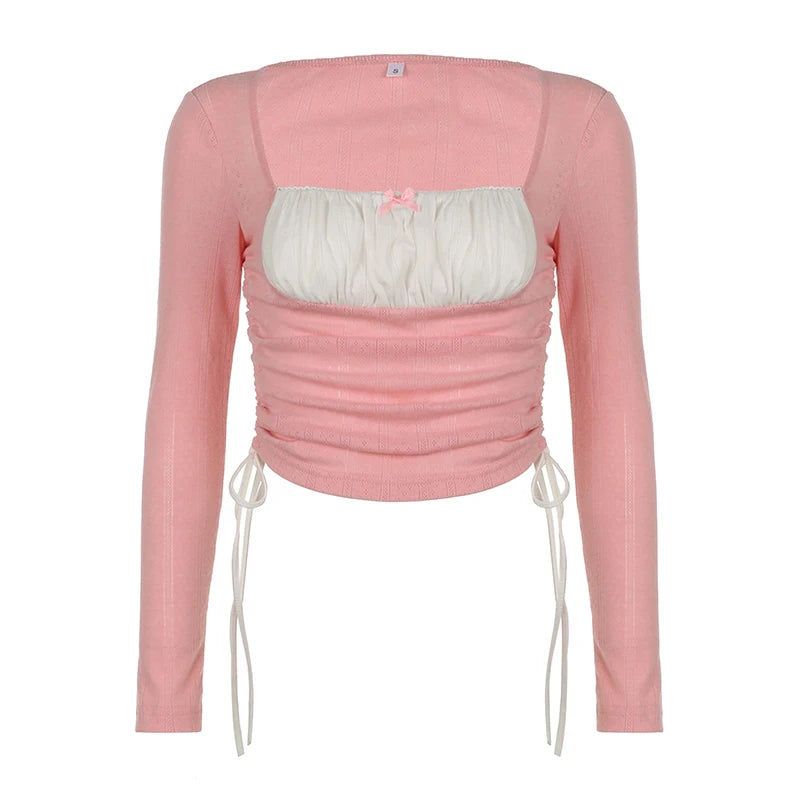 Sweet Pink Fold Patched Autumn Tee Shirts Slim Drawstring Square Neck Crop Top Women Tshirts Coquette Clothes Bow Y2K