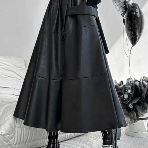 Load image into Gallery viewer, High Elastic Waist Black Pu Leather Zipper Long A-line Half-body Skirt Women Fashion Tide New Spring Autumn 2025 1DH4646
