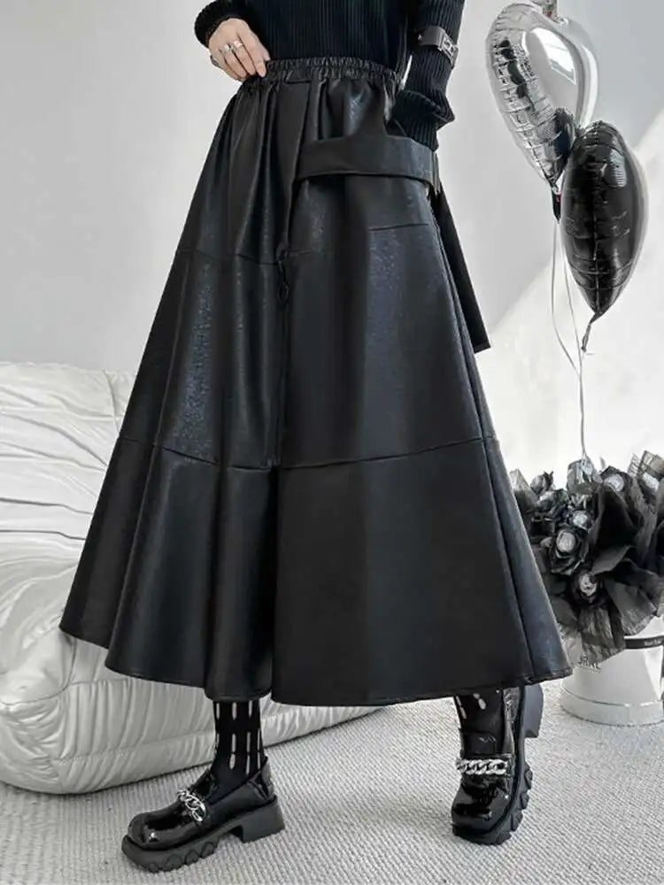 High Elastic Waist Black Pu Leather Zipper Long A-line Half-body Skirt Women Fashion Tide New Spring Autumn 2025 1DH4646