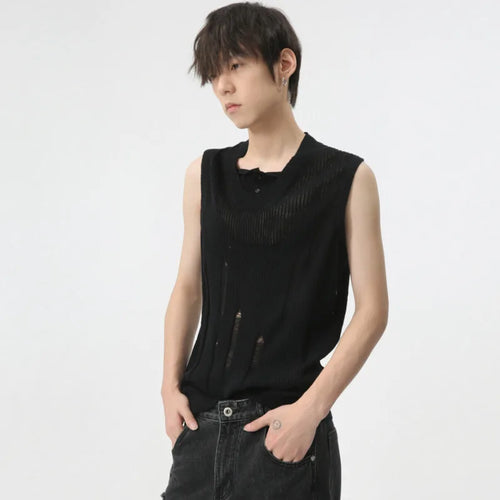 Load image into Gallery viewer, Minimalist Loose Tank Top Thin Men Solid Color Round Neck Knitted Vest Niche Design Hollow Out Sleeveless Summer
