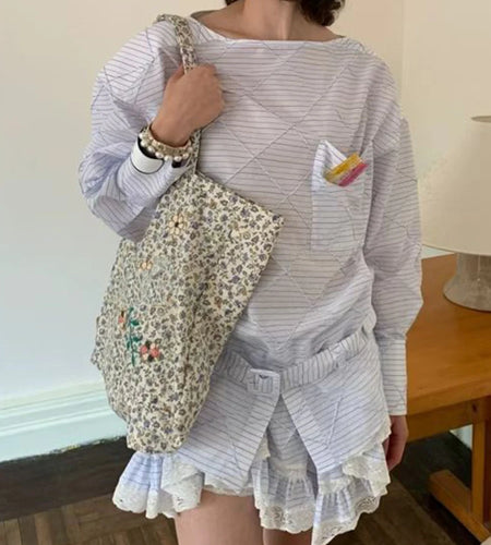 Spliced Striped Two Piece Sets for Women O Neck Long Sleeves Top High Wasit Pstchwork Lace Skirt Fashion Set Female