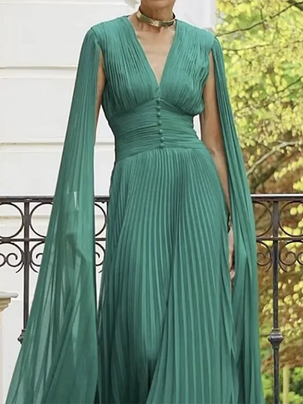 Women Evening Prom Pleated Maxi Dress Summer Elegant V-neck Batwing Sleeves  Banquet Party Long Dresses for Woman