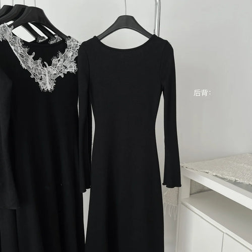 Load image into Gallery viewer, Autumn Black Patchwork Lace V Neck Elegant Slim Knitted Dresses Women Long Sleeves Festival Party Evening Dress Fashion Popular
