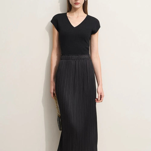 Load image into Gallery viewer, Minimalism Women's Skirt Office Lady 2025 Autumn New Solid Color Elastic Waist Straight Casual Pleated Skirt Long 12342617
