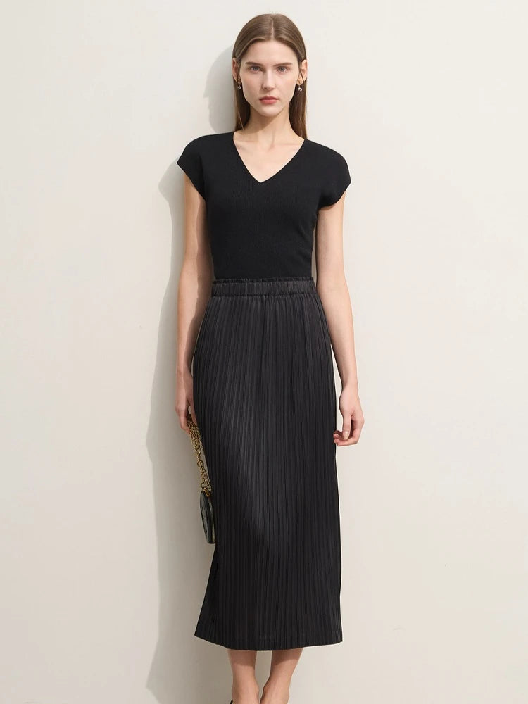 Minimalism Women's Skirt Office Lady 2025 Autumn New Solid Color Elastic Waist Straight Casual Pleated Skirt Long 12342617