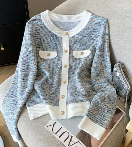 French Fashion Patchwork Elegant Long Sleeve O Neck Women Sweaters 2024 New Autumn Winter Single Breasted Vacation Cardigan Tops