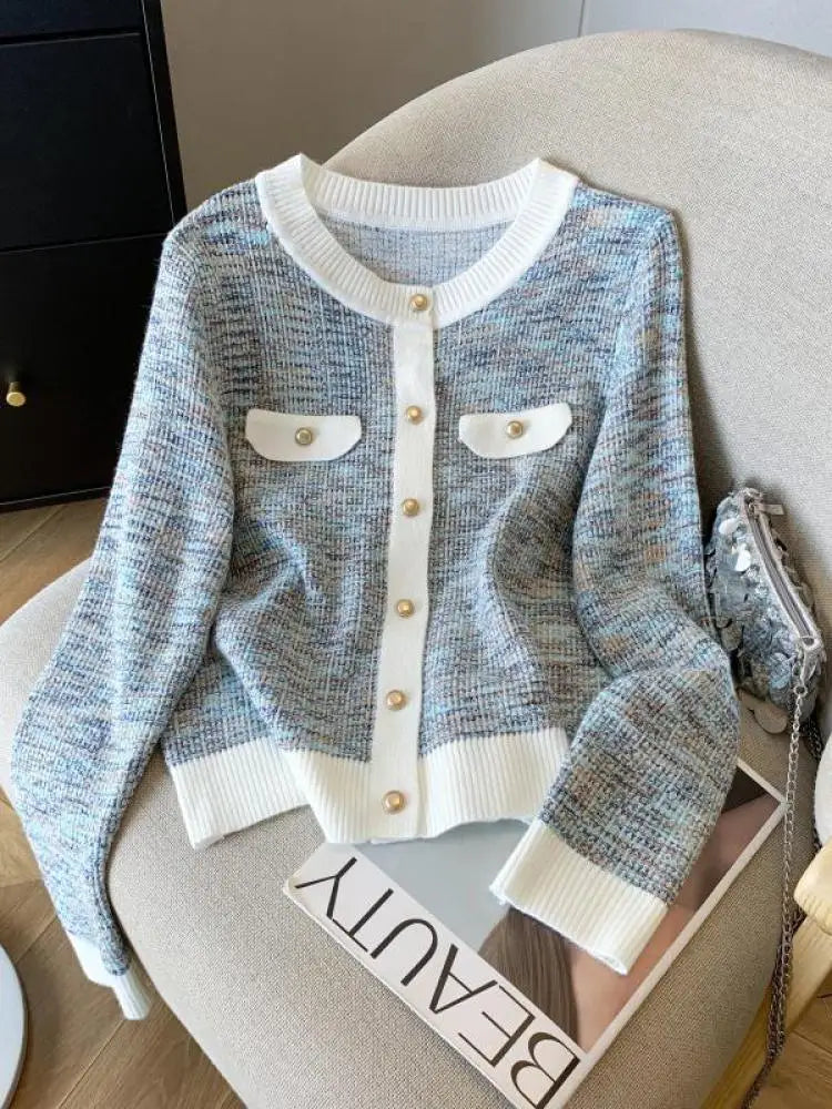 French Fashion Patchwork Elegant Long Sleeve O Neck Women Sweaters 2024 New Autumn Winter Single Breasted Vacation Cardigan Tops