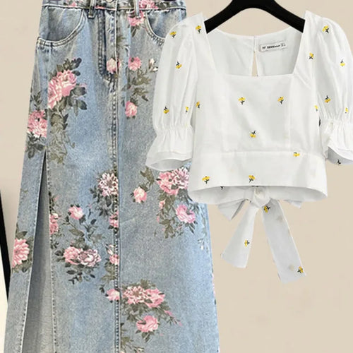 Load image into Gallery viewer, Women Summer Sweet Pink Print Skirts Two Pieces Set Korean Puff Sleeve Bandage Floral Top And Side Split Retro Denim Skirts Sets

