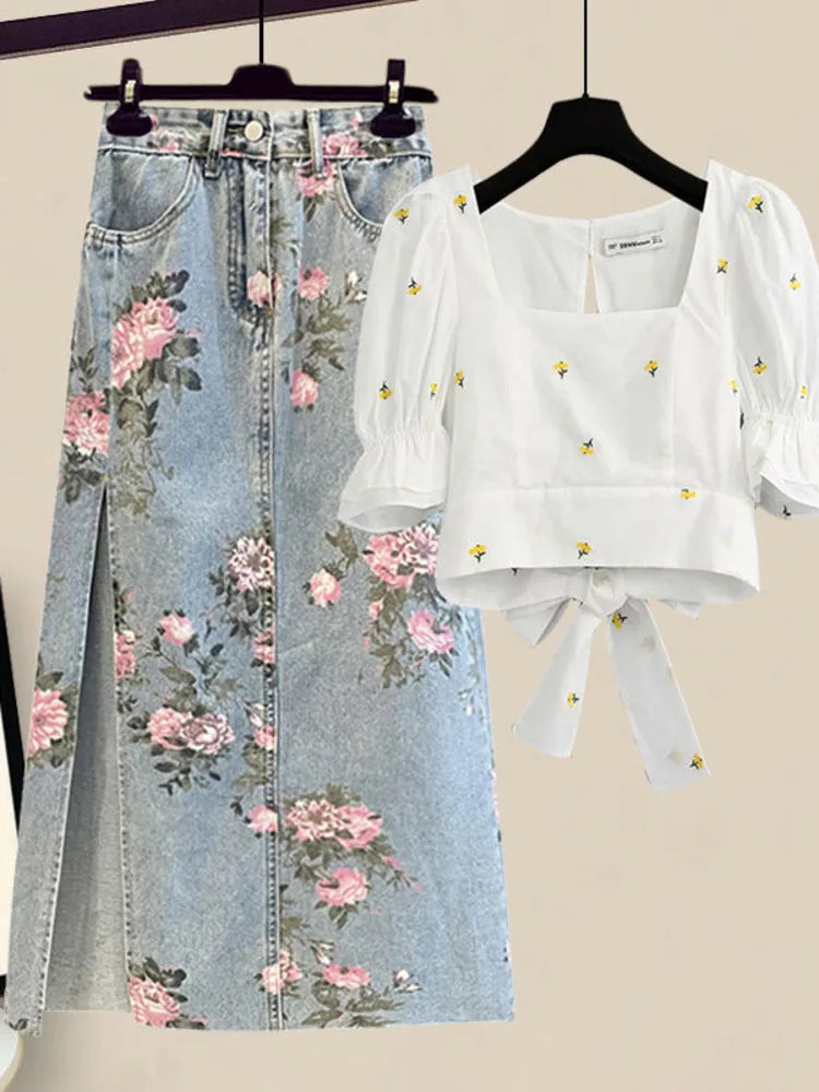 Women Summer Sweet Pink Print Skirts Two Pieces Set Korean Puff Sleeve Bandage Floral Top And Side Split Retro Denim Skirts Sets