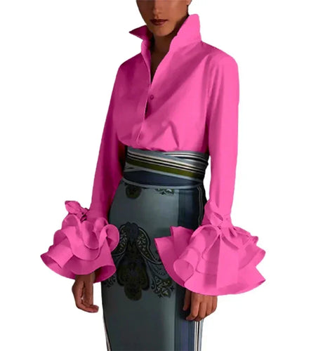 Women's Classic Simple Shirts 2025 Spring Fall Flared Sleeves Falbala Lapel Spring Urban Business Lady Tops Blouse