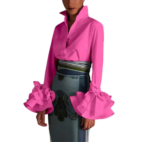 Load image into Gallery viewer, Women&#39;s Classic Simple Shirts 2025 Spring Fall Flared Sleeves Falbala Lapel Spring Urban Business Lady Tops Blouse
