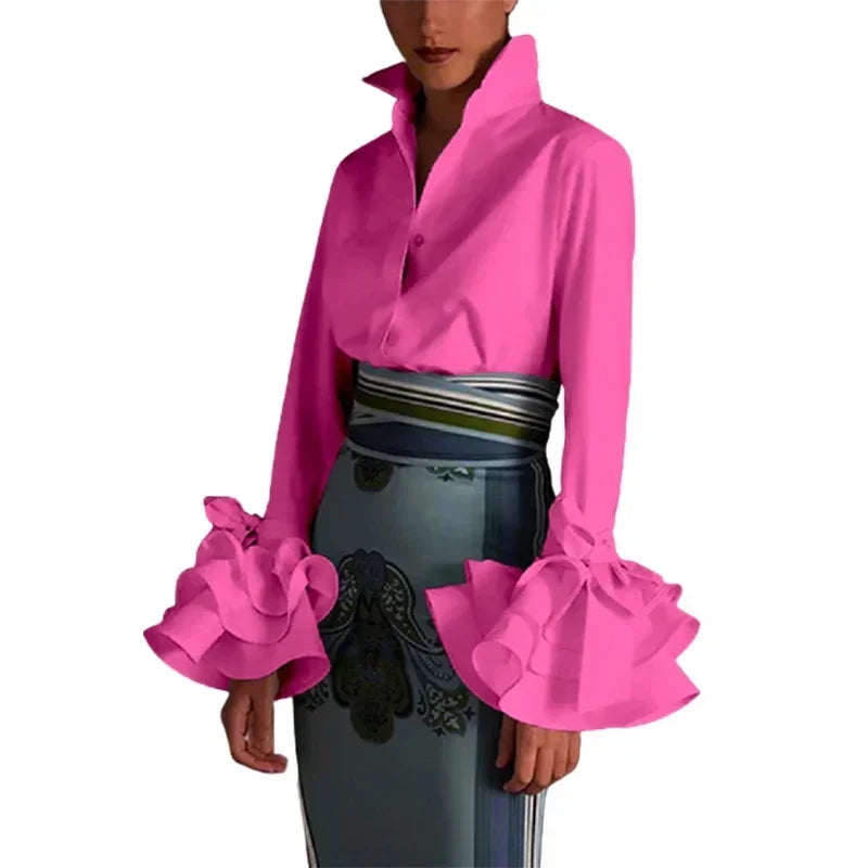 Women's Classic Simple Shirts 2025 Spring Fall Flared Sleeves Falbala Lapel Spring Urban Business Lady Tops Blouse