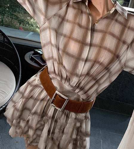 Hit Color Spliced Plaid Casual Mini Dresses for Women Lapel Long Sleeves Patchwork Folds Fashion Dress Female New