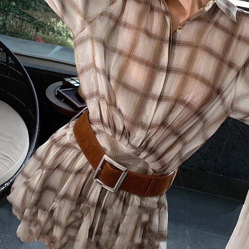 Load image into Gallery viewer, Hit Color Spliced Plaid Casual Mini Dresses for Women Lapel Long Sleeves Patchwork Folds Fashion Dress Female New
