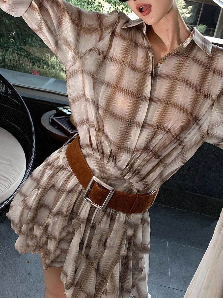 Hit Color Spliced Plaid Casual Mini Dresses for Women Lapel Long Sleeves Patchwork Folds Fashion Dress Female New