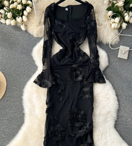 French Vintage Women Autumn Black Beige Flower Embroidery Elegant Long Sleeve Dress Ladies Square Neck Festival Party Dress Chic