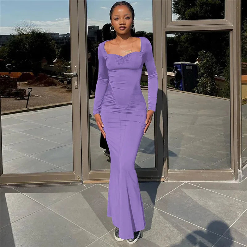 Square Collar Long Sleeve Sexy Long Dress For Women Gown Fashion Elegant Autumn Solid Bodycon Maxi Dress Clubwear
