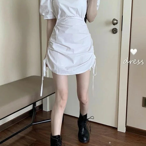 Load image into Gallery viewer, Gothic Harajuku Dress Women Goth Wrap Puff Sleeve Belt Short Dresses Korean Style Square Collar Robes Summer Kpop
