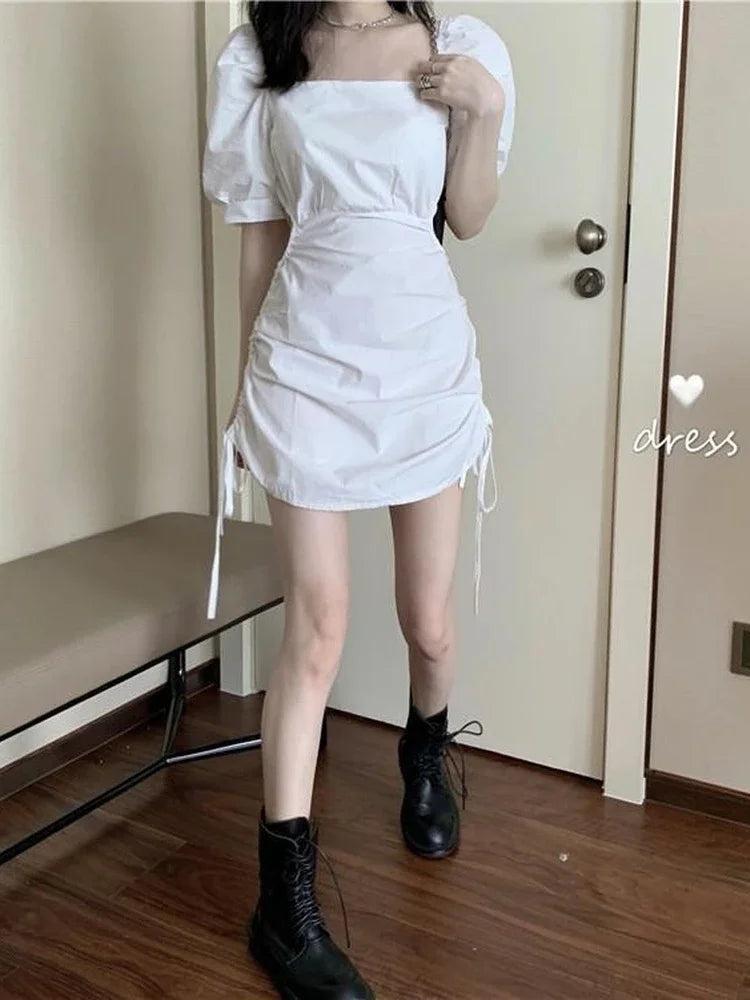 Gothic Harajuku Dress Women Goth Wrap Puff Sleeve Belt Short Dresses Korean Style Square Collar Robes Summer Kpop