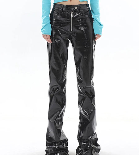 Solid Casual Leather Pants For Women High Waist Spliced Zipper Designer Slimming Flare Pant Female Fashion Clothing