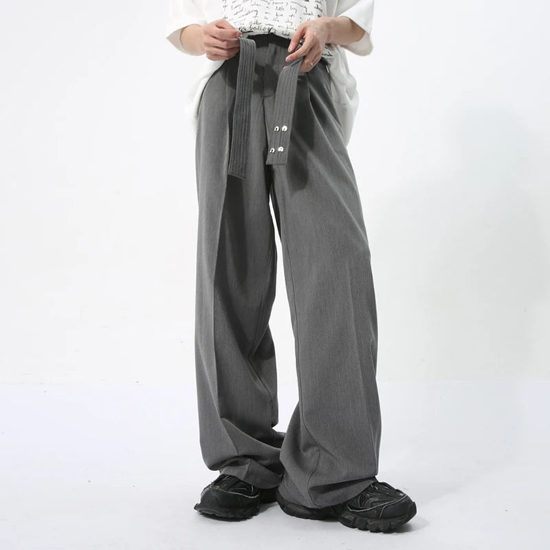 Men's Casual Trousers Japanese Style Ribbon Decoration Three-dimensional Design Loose Solid Color Male Drape Pants 9C5736