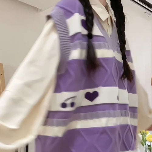 Load image into Gallery viewer, Cartoon Print Sweater Vest Women Kawaii Love Waistcoat Streetwear Knitted Fashion College All-match Harajuku Y2k Vests Chandails
