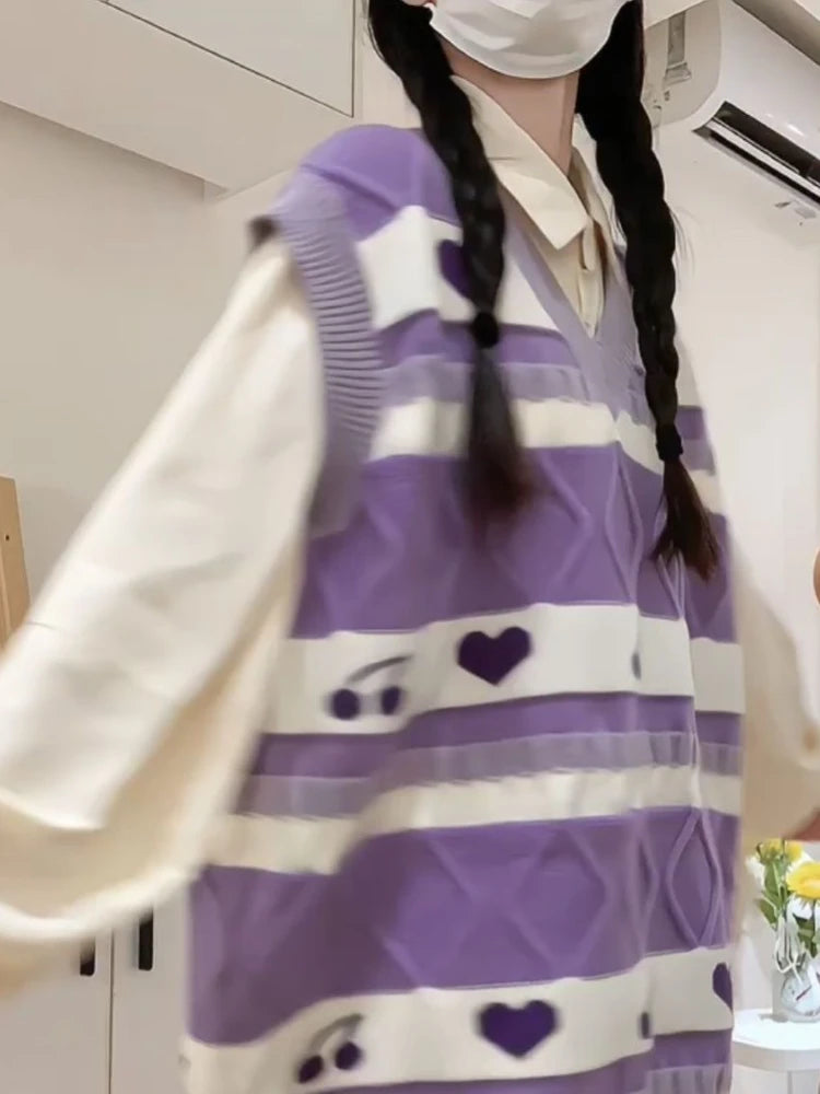 Cartoon Print Sweater Vest Women Kawaii Love Waistcoat Streetwear Knitted Fashion College All-match Harajuku Y2k Vests Chandails