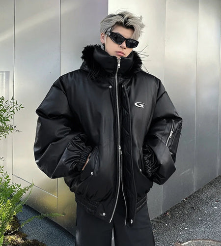 Hooded Men's Padded Jacket Metal Zipper Patchwork Fur Collar PU Leather Solid Color Thick Short Male Tops Winter 9C9285