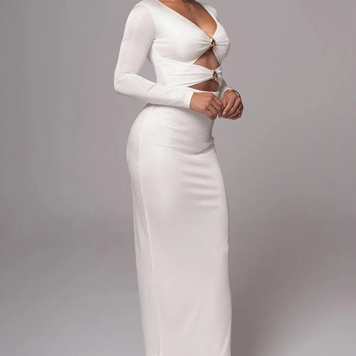 Load image into Gallery viewer, Hollow out long sleeve sexy maxi dress for women fashion solid V neck back split bodycon club long dress elegant
