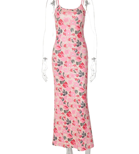 Summer Floral Print Slips Backless Sexy Elegant Slim Maxi Dress Women Fashion Clothings Birthday Beach Vacation Y2K