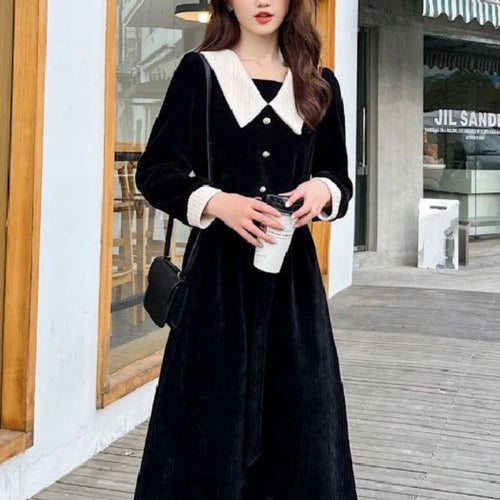 Load image into Gallery viewer, Preppy Style School Corduroy Dress Women Sweet Kawaii Black Long Sleeve Midi Dresses with Belt Korean Autumn Winter
