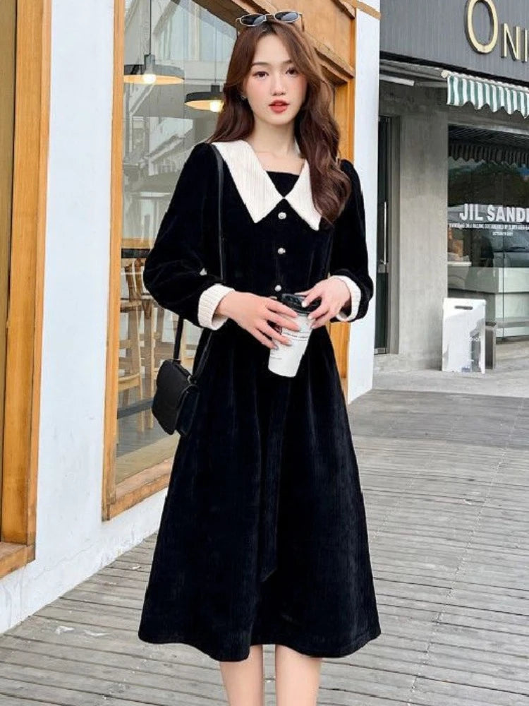 Preppy Style School Corduroy Dress Women Sweet Kawaii Black Long Sleeve Midi Dresses with Belt Korean Autumn Winter