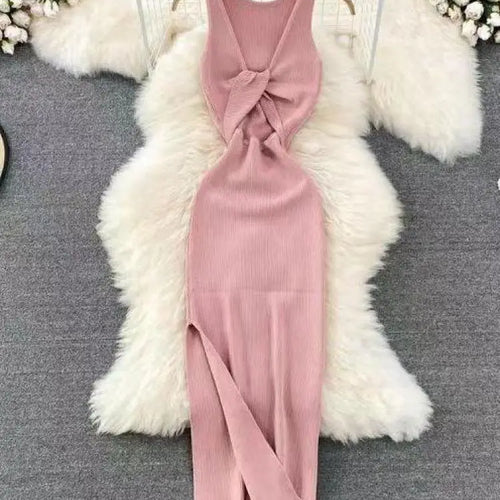 Load image into Gallery viewer, Korean Solid Knitted Split Long Dress Summer Women V Neck Sleeveless Kink Sexy Club Slim Bodycon Wrapped Hip Dress Vestidos Chic
