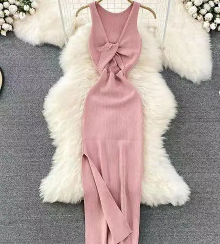 Fashion Women's Solid V Neck Elegant Sexy Club Slim Vest Long Dress Summer Vacation Backless Sleeveless Split Knitted Dress Chic